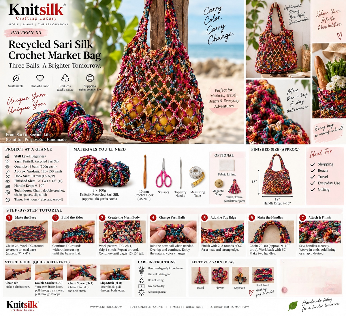 KnitSilk Free Pattern No. 3 — Recycled Sari Silk Crochet Market Bag infographic showing step-by-step tutorial, materials, stitch guide and finished colorful mesh bag