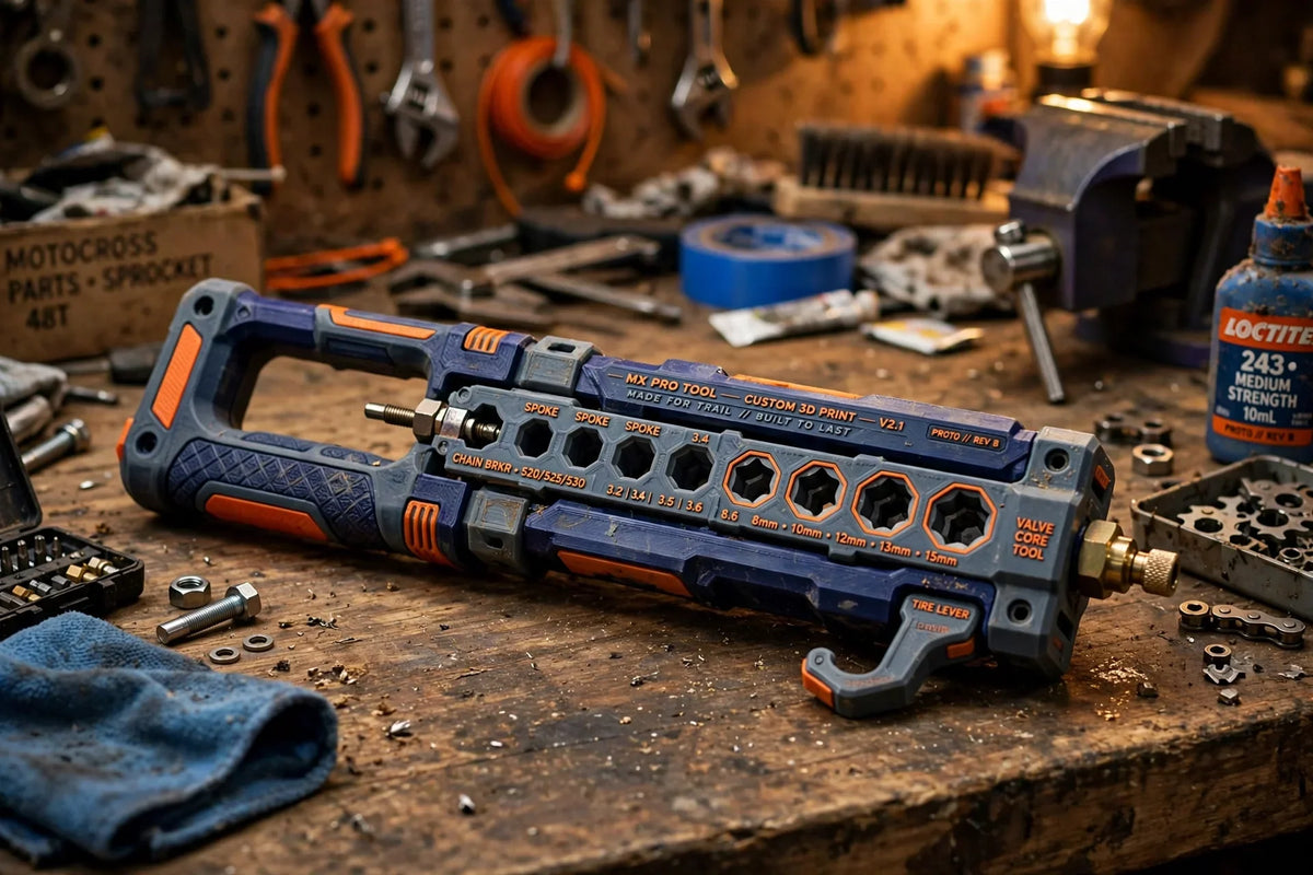 A custom 3D printed motocross tool rests on a workbench with tools.