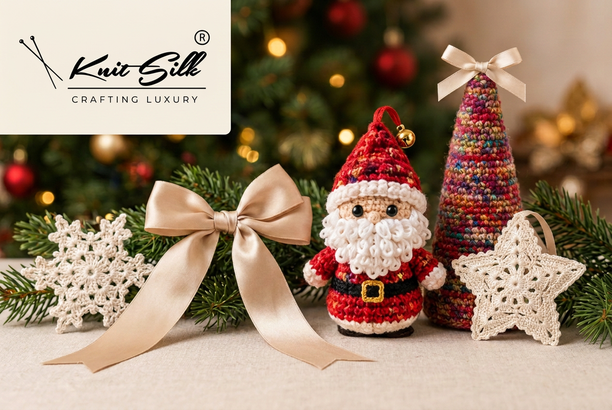 AI-generated concept inspiration for KnitSilk handmade Christmas decorations, not tested pattern results or confirmed kits