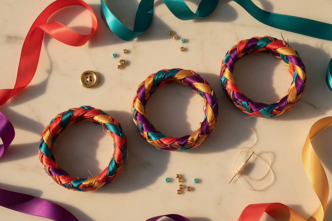 Finished braided multicolor silk ribbon bracelet by KnitSilk