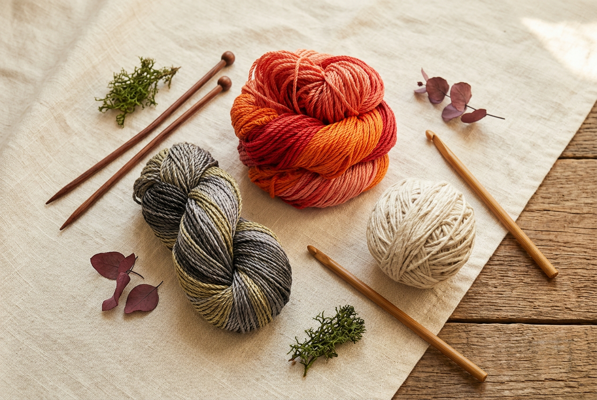 AI-styled composition based on KnitSilk mulberry silk and undyed silk noil product photos, arranged with craft tools on cream linen