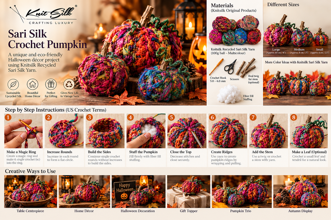 Sari silk crochet pumpkin visual overview showing materials, eight making stages and autumn decorating ideas.