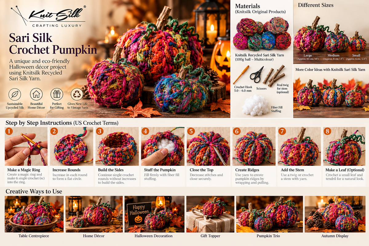 Sari silk crochet pumpkin visual overview showing materials, eight making stages and autumn decorating ideas.
