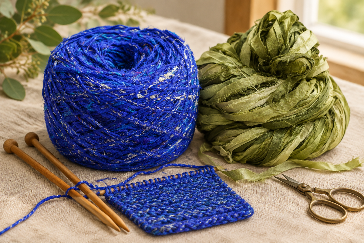 Illustrative hero based on KnitSilk blue recycled sari silk yarn and olive ribbon, arranged with knitting tools and a blue swatch.