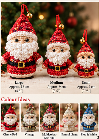 Supplied Jolly Santa ornament size concepts labeled approximately 12, 9 and 7 centimeters; inspiration, not three graded patterns