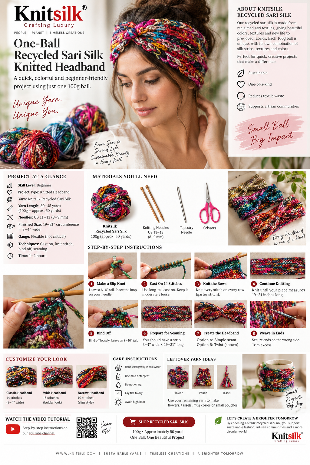 KnitSilk Free Pattern No. 1 — One-Ball Recycled Sari Silk Knitted Headband step-by-step infographic showing materials, 8 instruction steps, variations and finished headband worn by model