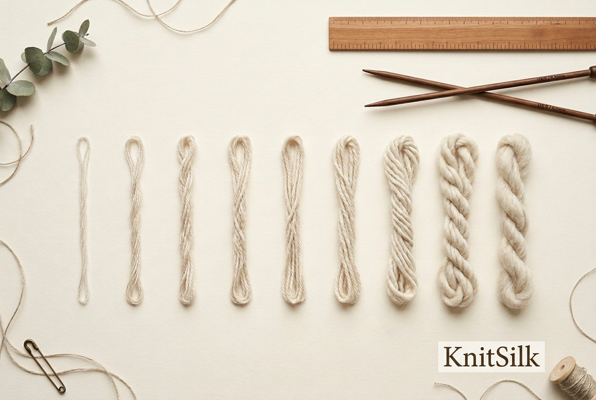 KnitSilk-watermarked illustration of pale yarn hanks progressing from fine to thick beside knitting tools