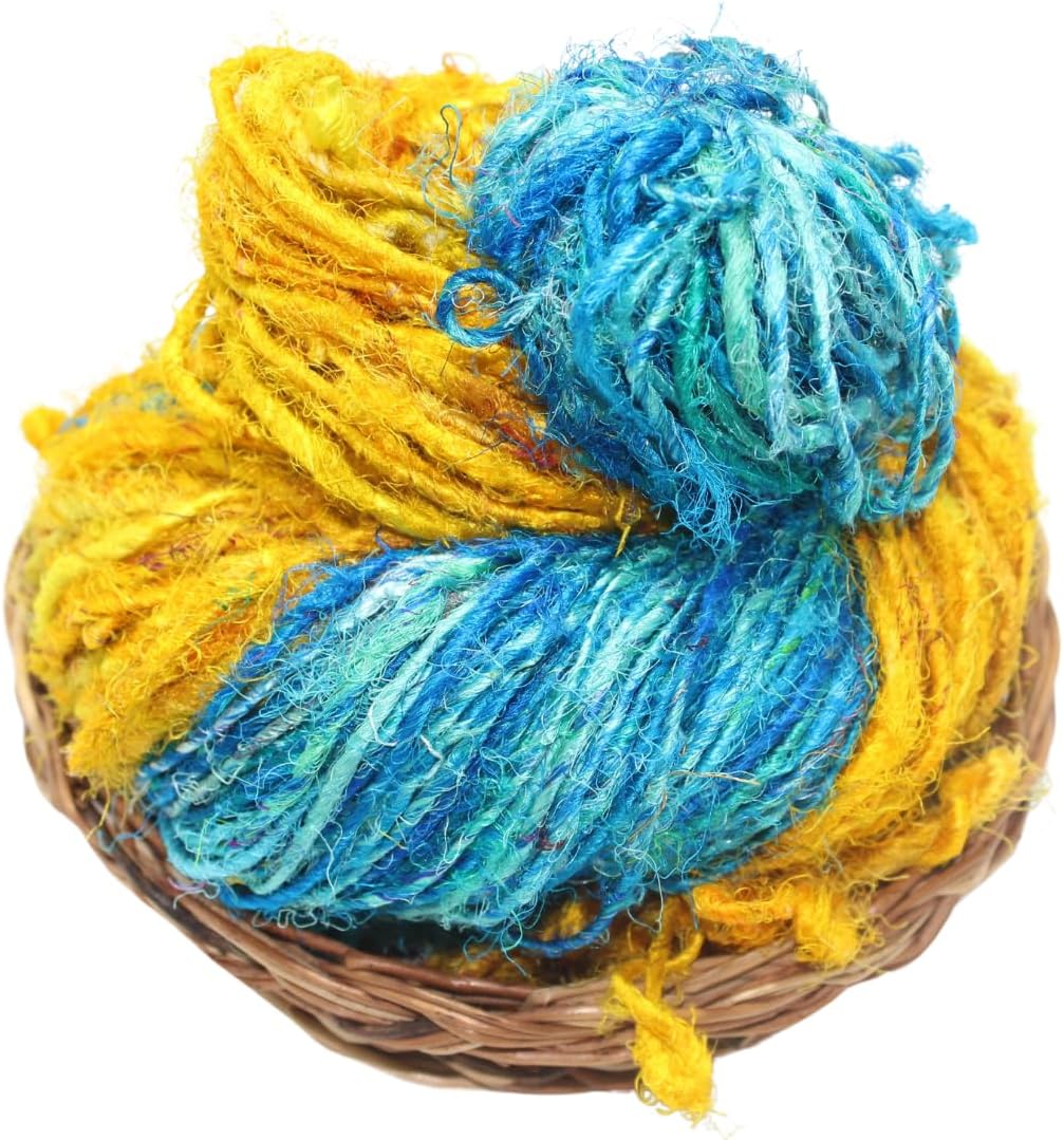 Knitsilk Handspun Recycled Sari Silk Yarn –Turquoise & Yellow Combo | 100g x 2 | 50-70 Yards/Ball | Eco-Friendly Bulky Yarn for Knitting, Crocheting & Weaving