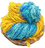 Knitsilk Handspun Recycled Sari Silk Yarn –Turquoise & Yellow Combo | 100g x 2 | 50-70 Yards/Ball | Eco-Friendly Bulky Yarn for Knitting, Crocheting & Weaving