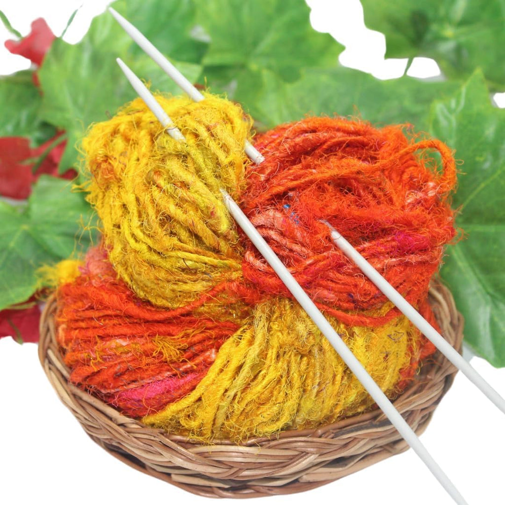 Knitsilk Handspun Recycled Sari Silk Yarn – Orange & Yellow Combo | 100g x 2 | 50-70 Yards/Ball | Eco-Friendly Bulky Yarn for Knitting, Crocheting & Weaving