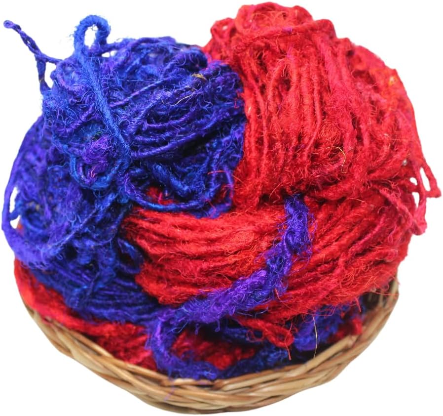 Knitsilk Handspun Recycled Sari Silk Yarn – Red & Blue Combo | 100g x 2 | 50-70 Yards/Ball | Eco-Friendly Bulky Yarn for Knitting, Crocheting & Weaving