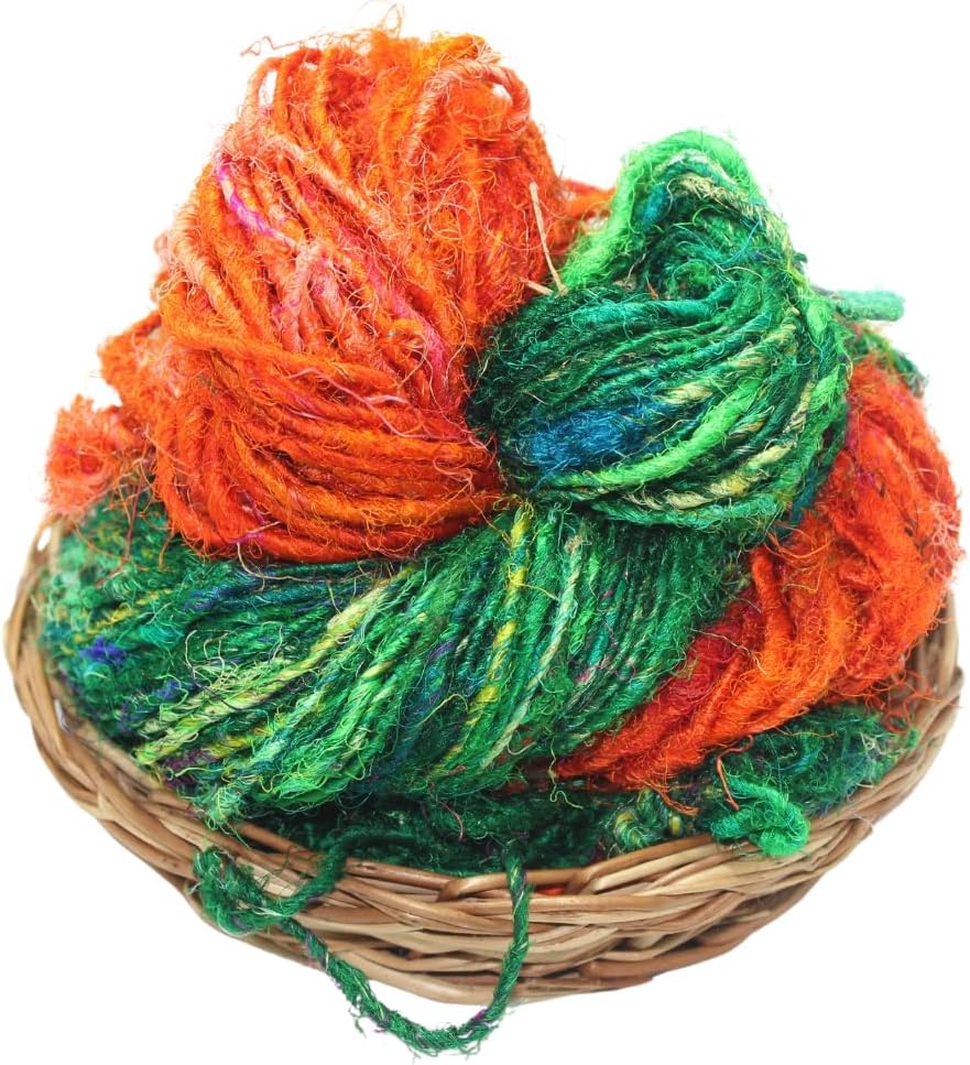Knitsilk Handspun Recycled Sari Silk Yarn – Orange & Green Combo | 100g x 2 | 50-70 Yards/Ball | Eco-Friendly Bulky Yarn for Knitting, Crocheting & Weaving