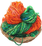 Knitsilk Handspun Recycled Sari Silk Yarn – Orange & Green Combo | 100g x 2 | 50-70 Yards/Ball | Eco-Friendly Bulky Yarn for Knitting, Crocheting & Weaving