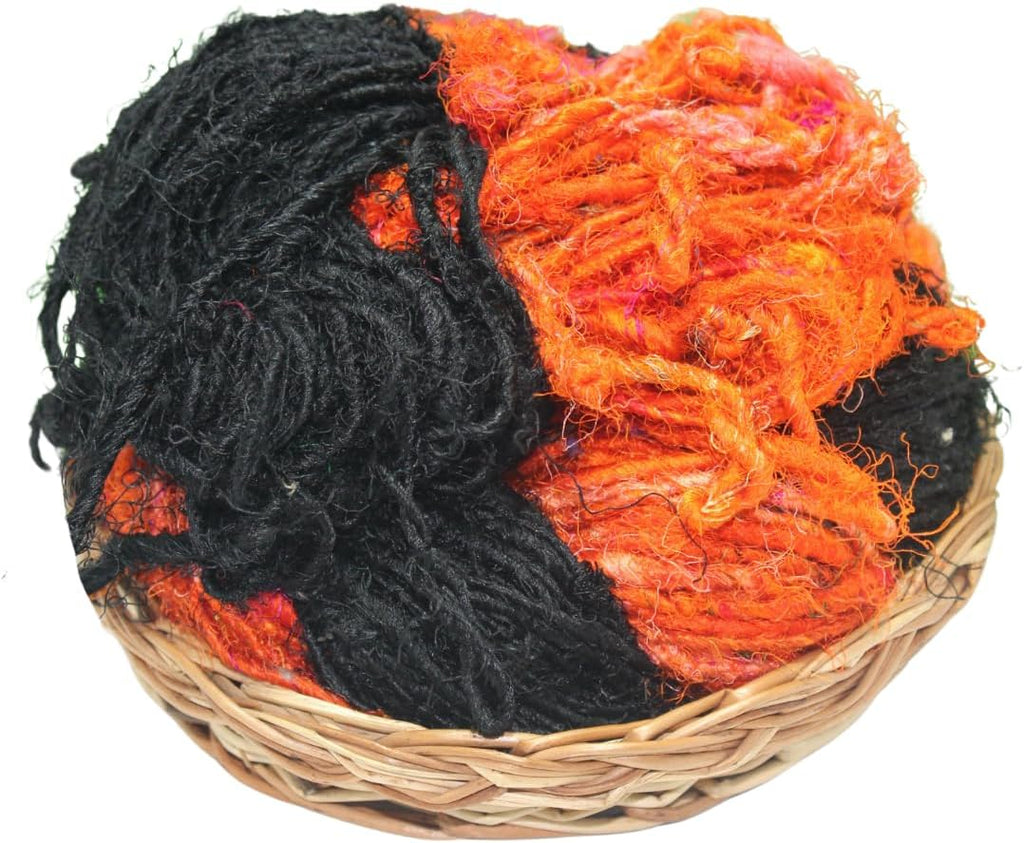 Knitsilk Handspun Recycled Sari Silk Yarn – Black & Orange Combo | 100g x 2 | 50-70 Yards/Ball | Eco-Friendly Bulky Yarn for Knitting, Crocheting & Weaving