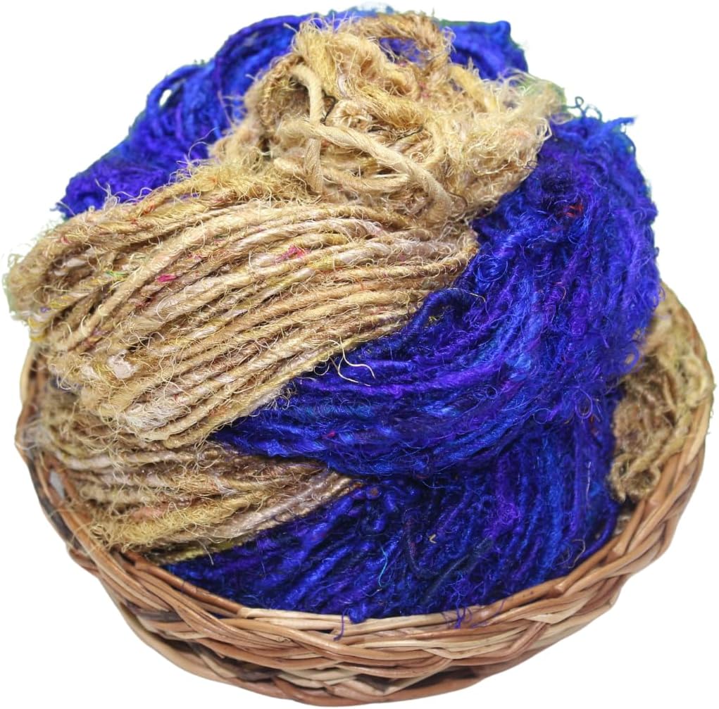 Knitsilk Handspun Recycled Sari Silk Yarn – Grey & Blue Combo | 100g x 2 | 50-70 Yards/Ball | Eco-Friendly Bulky Yarn for Knitting, Crocheting & Weaving