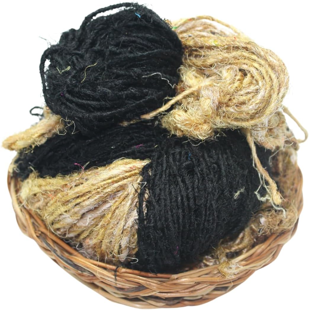Knitsilk Handspun Recycled Sari Silk Yarn – Black & Grey Combo | 100g x 2 | 50-70 Yards/Ball | Eco-Friendly Bulky Yarn for Knitting, Crocheting & Weaving