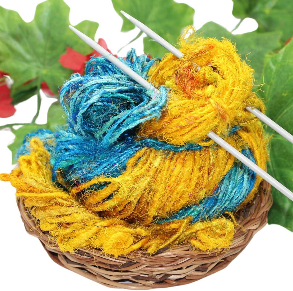 Knitsilk Handspun Recycled Sari Silk Yarn –Turquoise & Yellow Combo | 100g x 2 | 50-70 Yards/Ball | Eco-Friendly Bulky Yarn for Knitting, Crocheting & Weaving