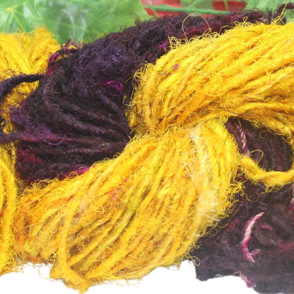 Knitsilk Handspun Recycled Sari Silk Yarn – Brown & Yellow Combo | 100g x 2 | 50-70 Yards/Ball | Eco-Friendly Bulky Yarn for Knitting, Crocheting & Weaving