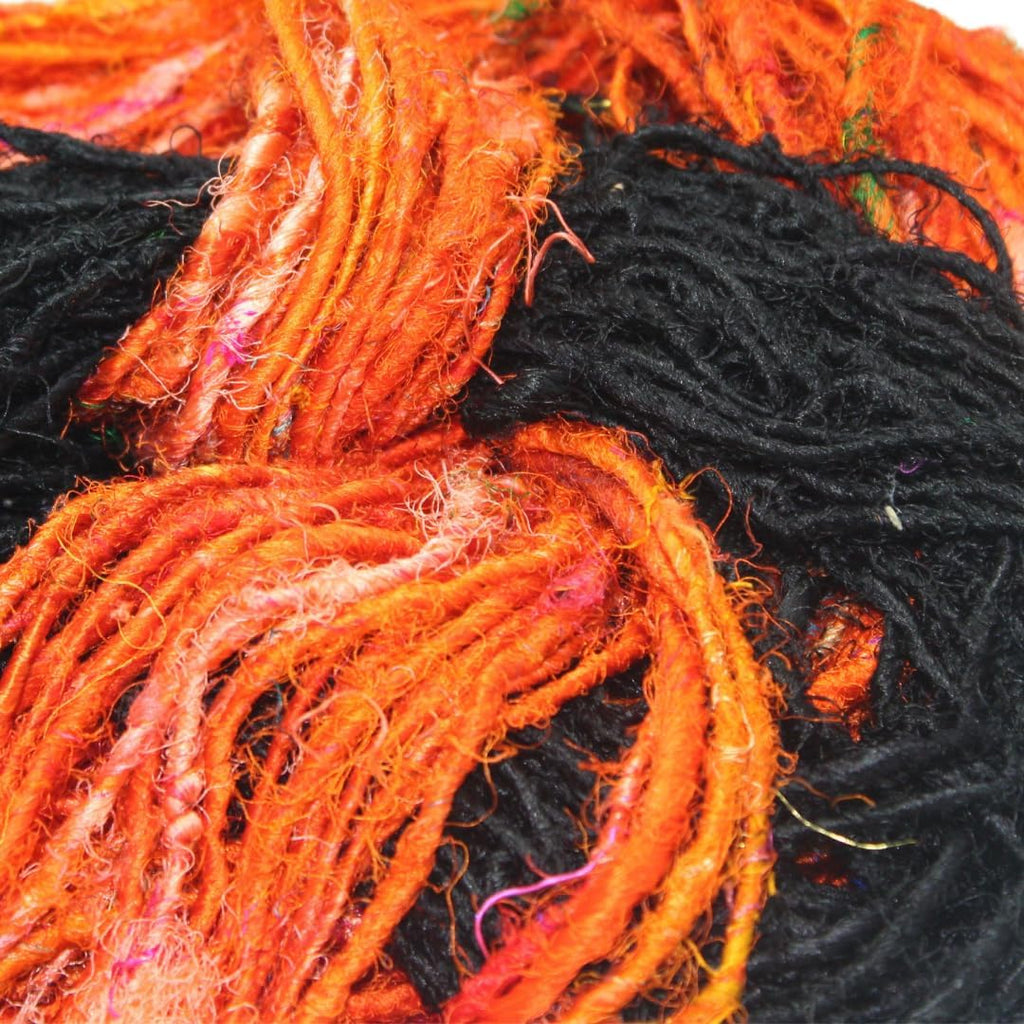 Knitsilk Handspun Recycled Sari Silk Yarn – Black & Orange Combo | 100g x 2 | 50-70 Yards/Ball | Eco-Friendly Bulky Yarn for Knitting, Crocheting & Weaving