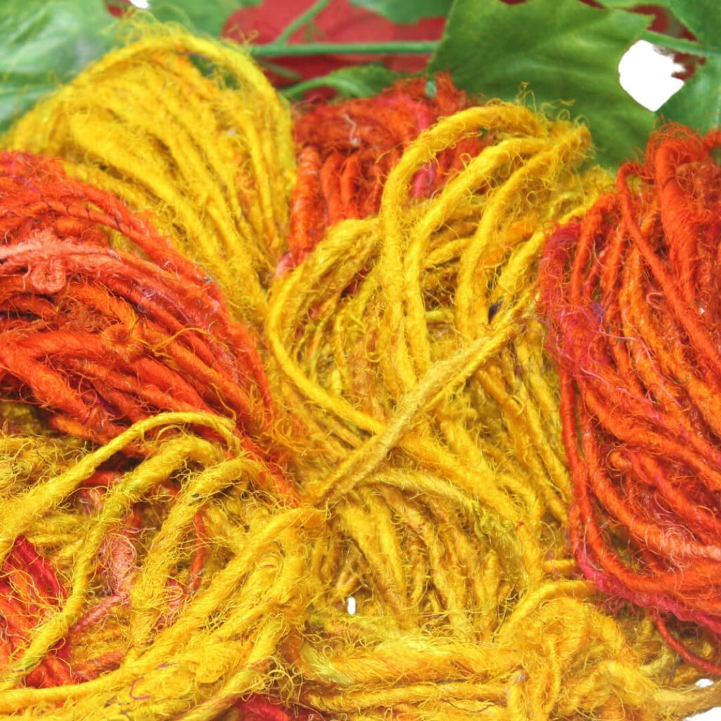 Knitsilk Handspun Recycled Sari Silk Yarn – Orange & Yellow Combo | 100g x 2 | 50-70 Yards/Ball | Eco-Friendly Bulky Yarn for Knitting, Crocheting & Weaving