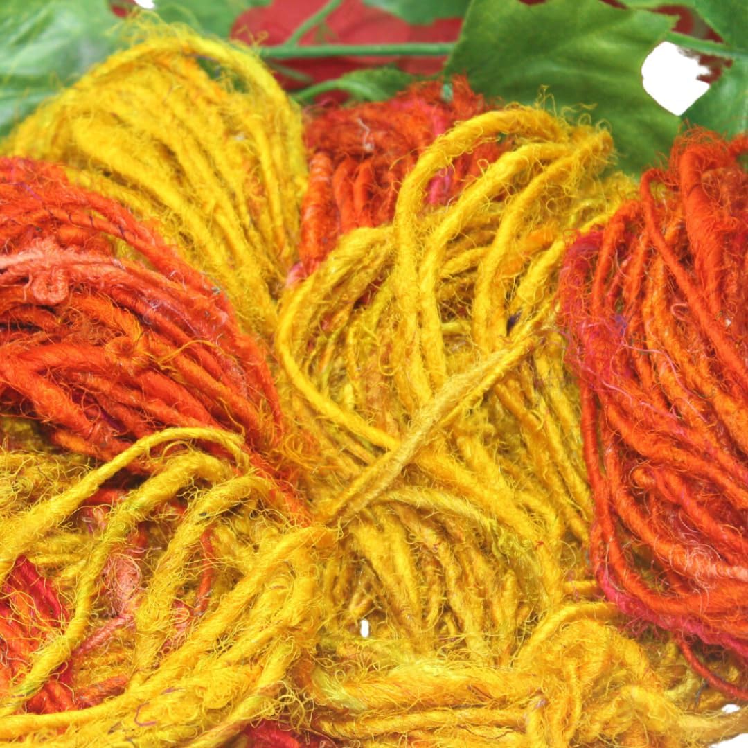 Knitsilk Handspun Recycled Sari Silk Yarn – Orange & Yellow Combo | 100g x 2 | 50-70 Yards/Ball | Eco-Friendly Bulky Yarn for Knitting, Crocheting & Weaving