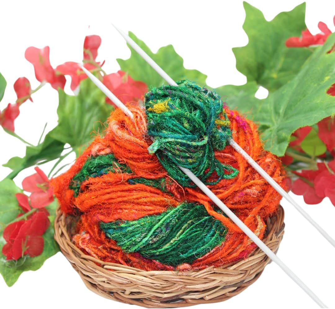 Knitsilk Handspun Recycled Sari Silk Yarn – Orange & Green Combo | 100g x 2 | 50-70 Yards/Ball | Eco-Friendly Bulky Yarn for Knitting, Crocheting & Weaving