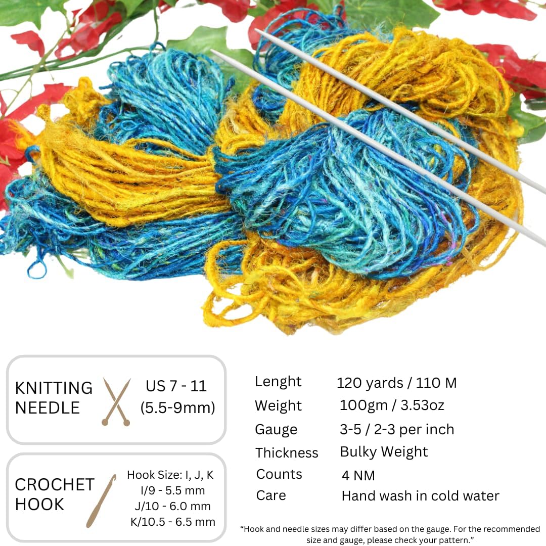 Knitsilk Handspun Recycled Sari Silk Yarn –Turquoise & Yellow Combo | 100g x 2 | 50-70 Yards/Ball | Eco-Friendly Bulky Yarn for Knitting, Crocheting & Weaving