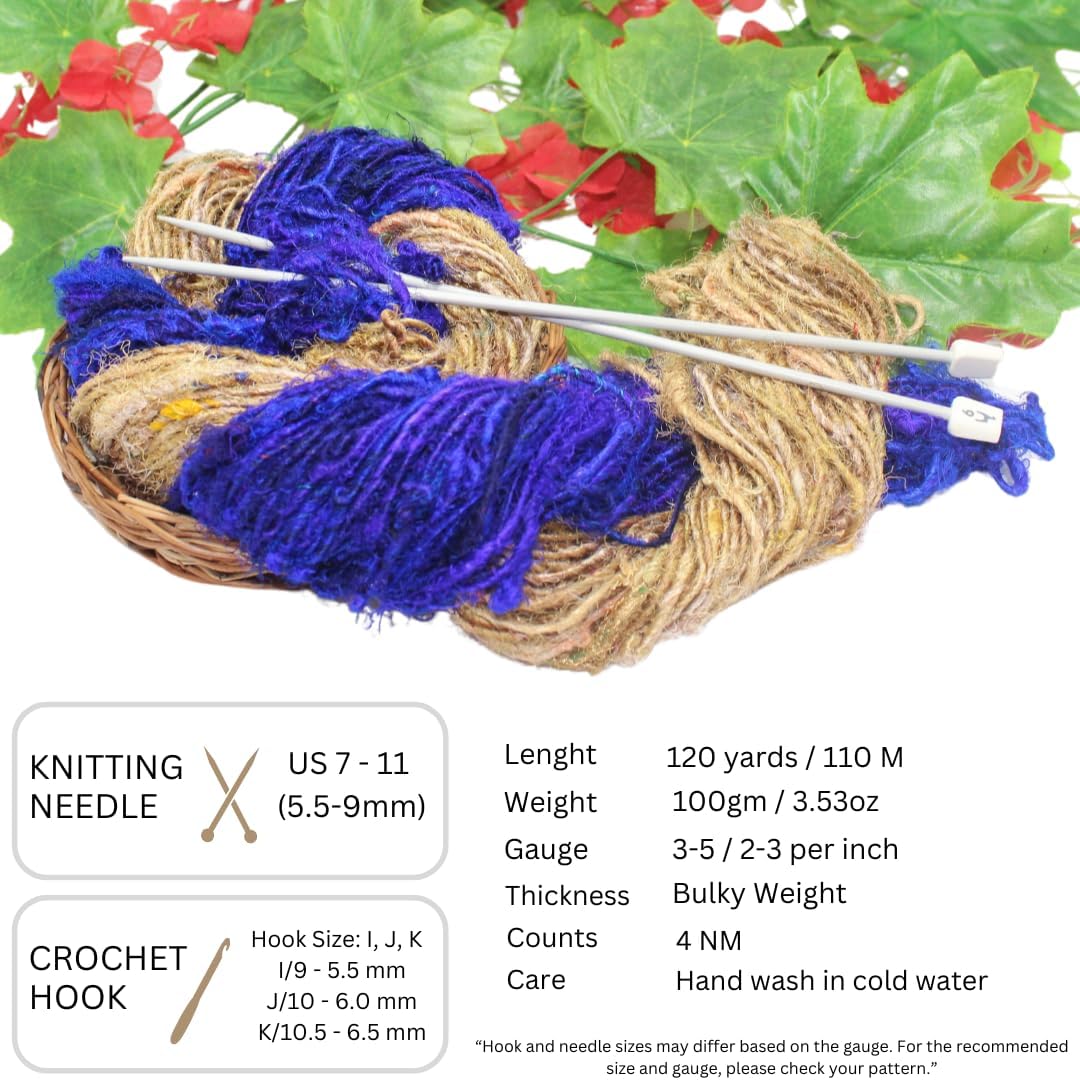 Knitsilk Handspun Recycled Sari Silk Yarn – Grey & Blue Combo | 100g x 2 | 50-70 Yards/Ball | Eco-Friendly Bulky Yarn for Knitting, Crocheting & Weaving