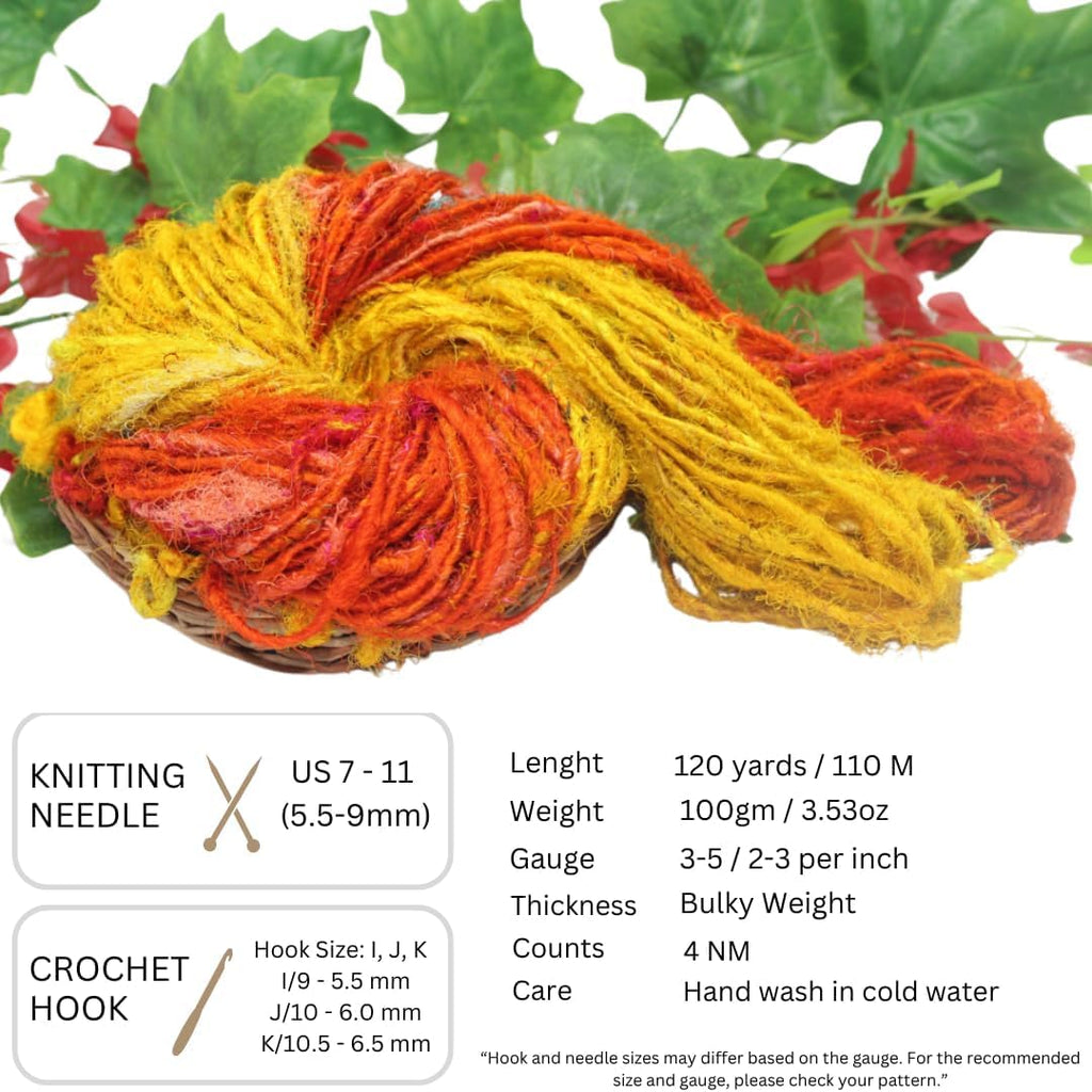 Knitsilk Handspun Recycled Sari Silk Yarn – Orange & Yellow Combo | 100g x 2 | 50-70 Yards/Ball | Eco-Friendly Bulky Yarn for Knitting, Crocheting & Weaving
