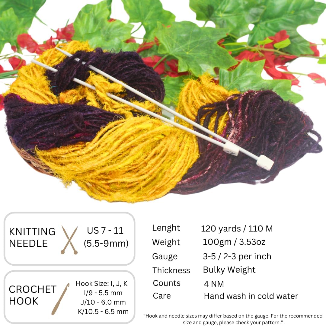 Knitsilk Handspun Recycled Sari Silk Yarn – Brown & Yellow Combo | 100g x 2 | 50-70 Yards/Ball | Eco-Friendly Bulky Yarn for Knitting, Crocheting & Weaving