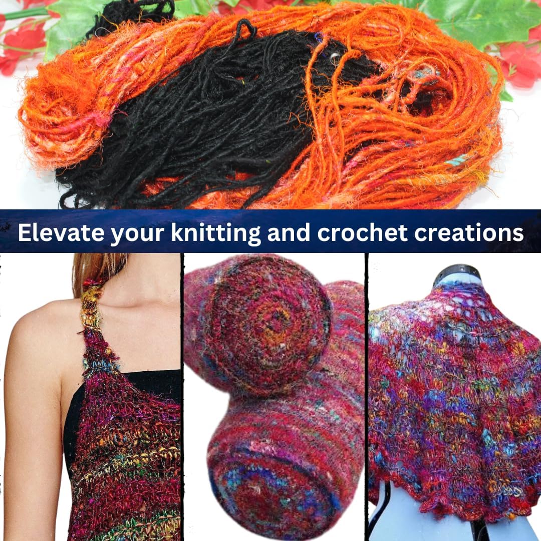 Knitsilk Handspun Recycled Sari Silk Yarn – Black & Orange Combo | 100g x 2 | 50-70 Yards/Ball | Eco-Friendly Bulky Yarn for Knitting, Crocheting & Weaving