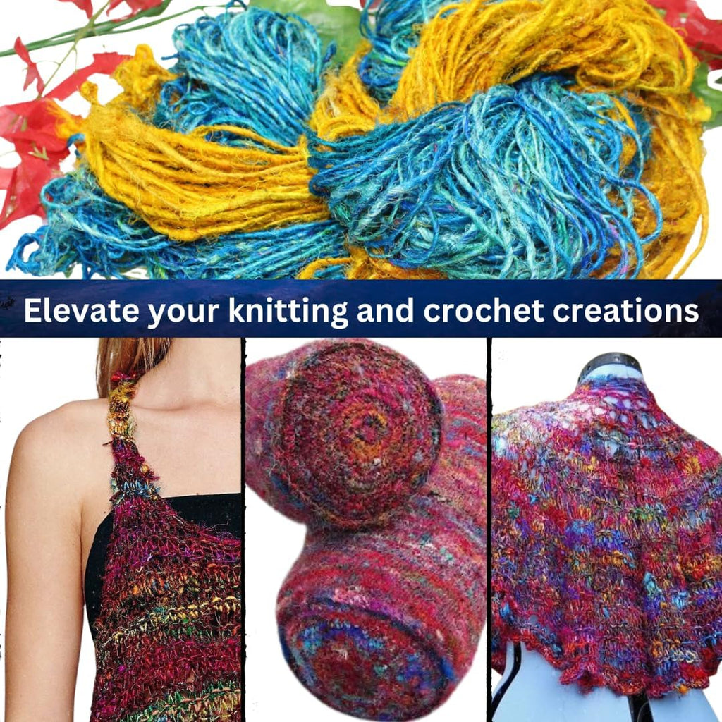 Knitsilk Handspun Recycled Sari Silk Yarn –Turquoise & Yellow Combo | 100g x 2 | 50-70 Yards/Ball | Eco-Friendly Bulky Yarn for Knitting, Crocheting & Weaving