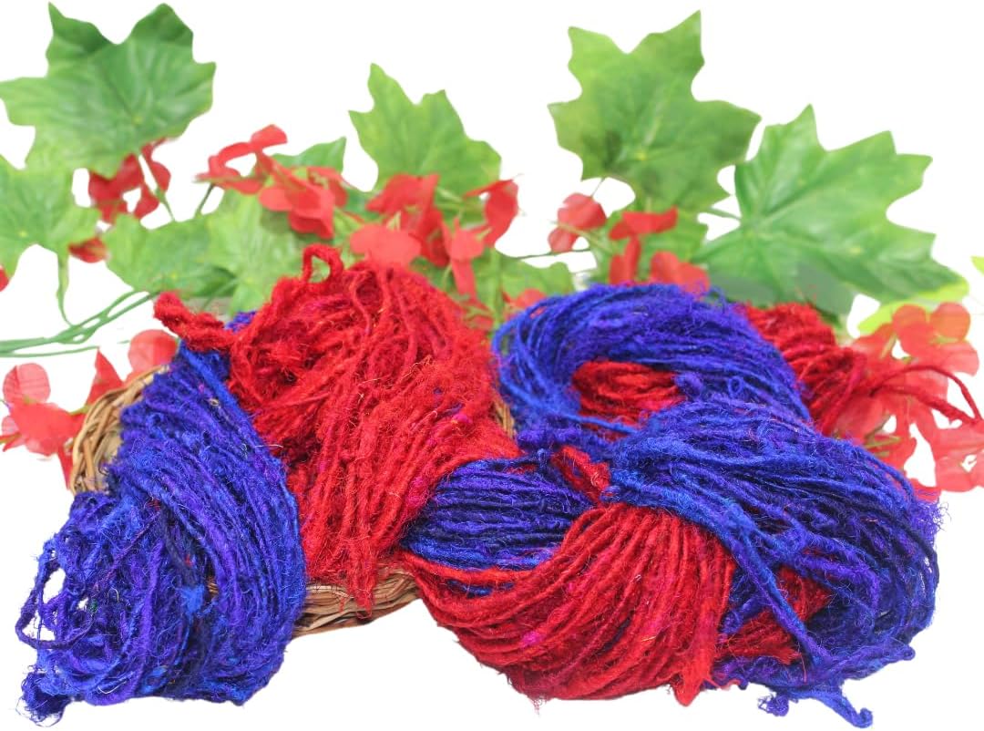 Knitsilk Handspun Recycled Sari Silk Yarn – Red & Blue Combo | 100g x 2 | 50-70 Yards/Ball | Eco-Friendly Bulky Yarn for Knitting, Crocheting & Weaving