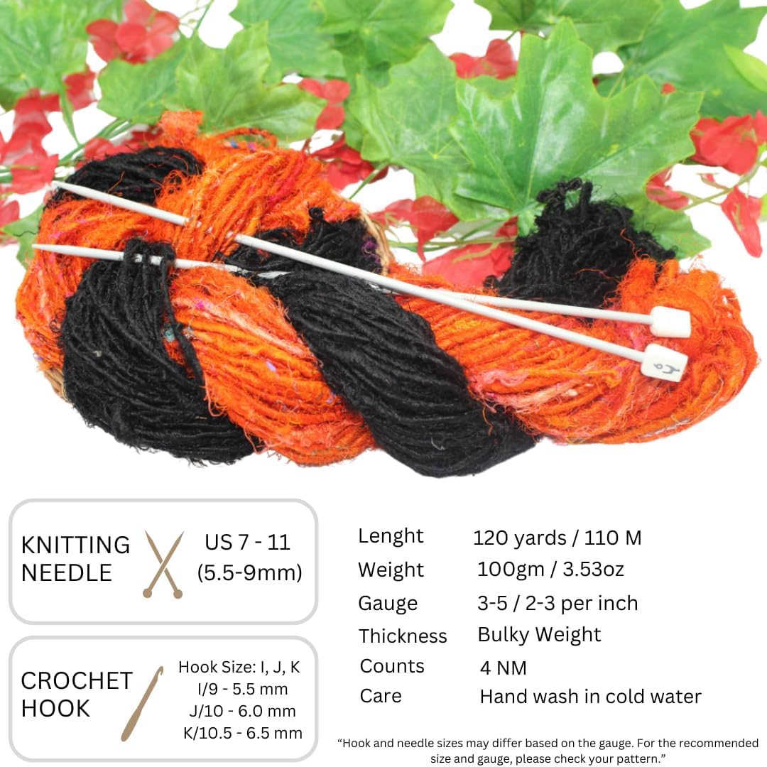 Knitsilk Handspun Recycled Sari Silk Yarn – Black & Orange Combo | 100g x 2 | 50-70 Yards/Ball | Eco-Friendly Bulky Yarn for Knitting, Crocheting & Weaving