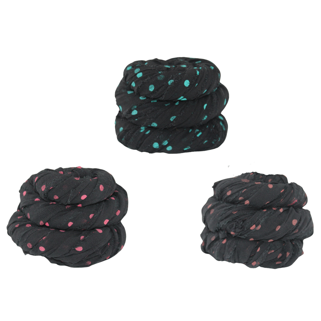 Knitsilk 3-Pack Black Polka Dot Mulberry Silk Chiffon Ribbons – 25+ Yards Each | Blue, Rust & Brown Dots | Craft, Gift Wrapping, Décor & Hair Bows