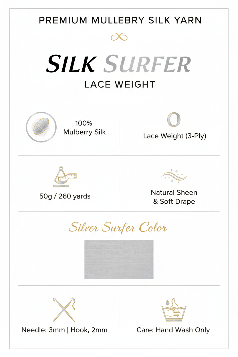 Knitsilk 3 Ply 100% Mulberry Silk Lace Weight Yarn | Perfect for Knitting, Crocheting & Weaving | Premium Quality Silk Yarn for Luxurious Projects (50g – 260 Yards, Silver Surfer)