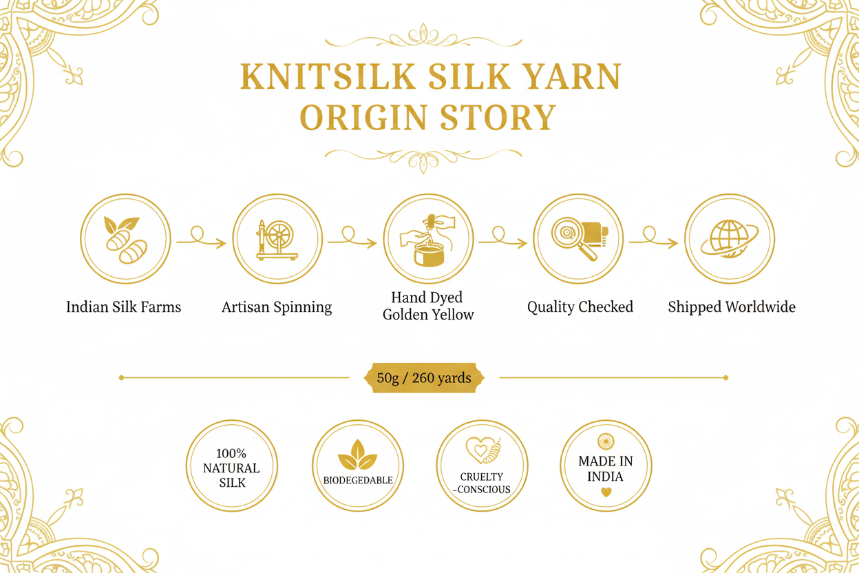 Knitsilk 3 Ply 100% Mulberry Silk Lace Weight Yarn | Perfect for Knitting, Crocheting & Weaving | Premium Quality Silk Yarn for Luxurious Projects (50g – 260 Yards, Golden mustard)