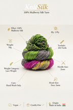 Knitsilk 3 Ply 100% Mulberry Silk Lace Weight Yarn | Perfect for Knitting, Crocheting & Weaving | Premium Quality Silk Yarn for Luxurious Projects (50g – 260 Yards, Green and Purple)