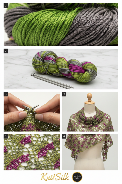 Knitsilk 3 Ply 100% Mulberry Silk Lace Weight Yarn | Perfect for Knitting, Crocheting & Weaving | Premium Quality Silk Yarn for Luxurious Projects (50g – 260 Yards, Green and Purple)