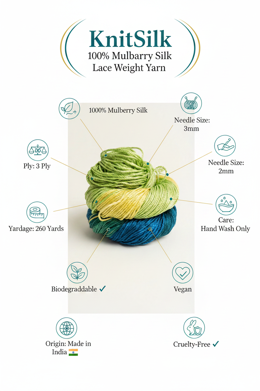Knitsilk 3 Ply 100% Mulberry Silk Lace Weight Yarn | Perfect for Knitting, Crocheting & Weaving | Premium Quality Silk Yarn for Luxurious Projects (50g – 260 Yards, Green)