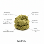 Knitsilk 3 Ply 100% Mulberry Silk Lace Weight Yarn | Perfect for Knitting, Crocheting & Weaving | Premium Quality Silk Yarn for Luxurious Projects (50g – 260 Yards, Olive Green)