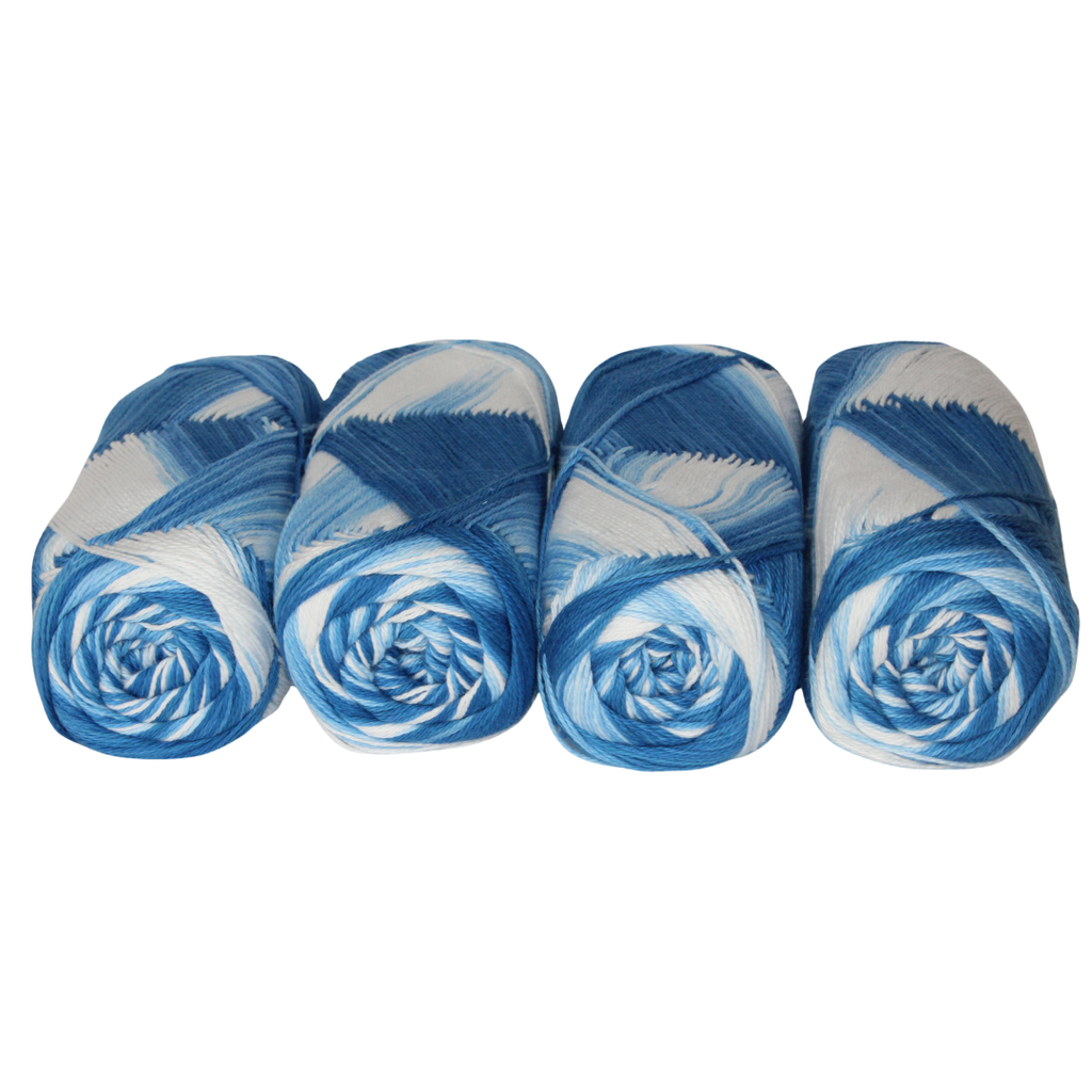 Knitsilk CottonMuse – 100% Gassed Mercerized Cotton Yarn| 4 x 75g (Total 1528 Yards), Soft, Matte Finish, Blue white | Premium Crochet Thread for Apparel & DIY Crafts | Pack of 4
