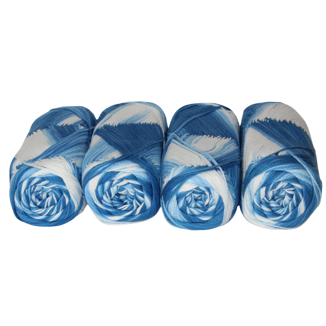 Knitsilk CottonMuse – 100% Gassed Mercerized Cotton Yarn| 4 x 75g (Total 1528 Yards), Soft, Matte Finish, Blue white | Premium Crochet Thread for Apparel & DIY Crafts | Pack of 4