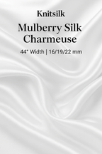 Knitsilk Mulberry Silk Charmeuse fabric with product details on a white background