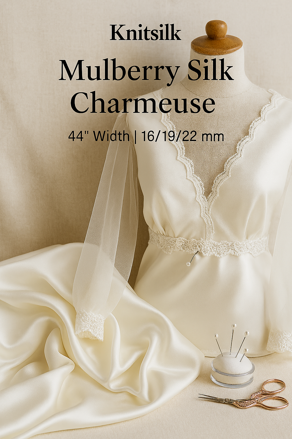 Knitsilk 100% Mulberry Silk Charmeuse Fabric – 25mm 44" Width – Pure Luxury Satin Weave - Off White - 1 Mtr