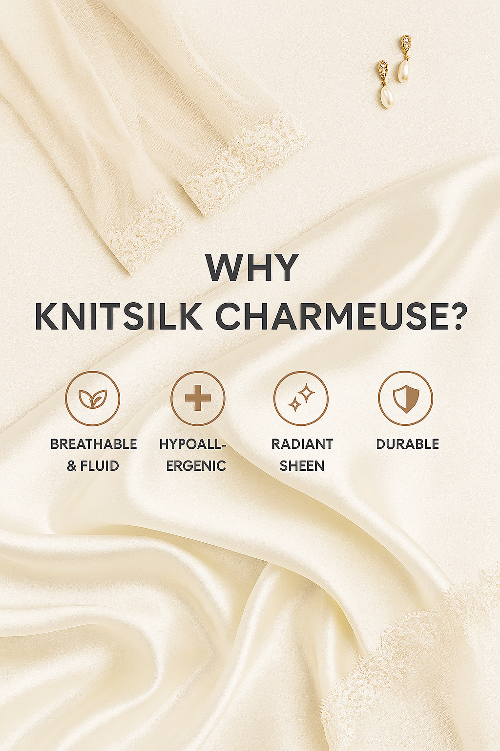 Knitsilk 100% Mulberry Silk Charmeuse Fabric – 25mm 44" Width – Pure Luxury Satin Weave - Off White - 1 Mtr