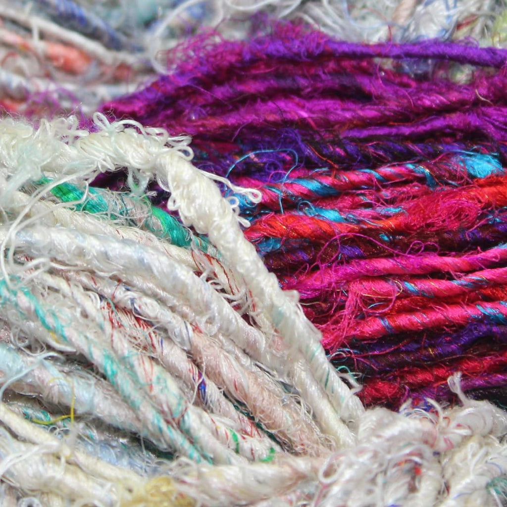 Knitsilk Handspun Recycled Sari Silk Yarn – White & Multicolor Combo | 100g x 2 | 50-70 Yards/Ball | Eco-Friendly Bulky Yarn for Knitting, Crocheting & Weaving