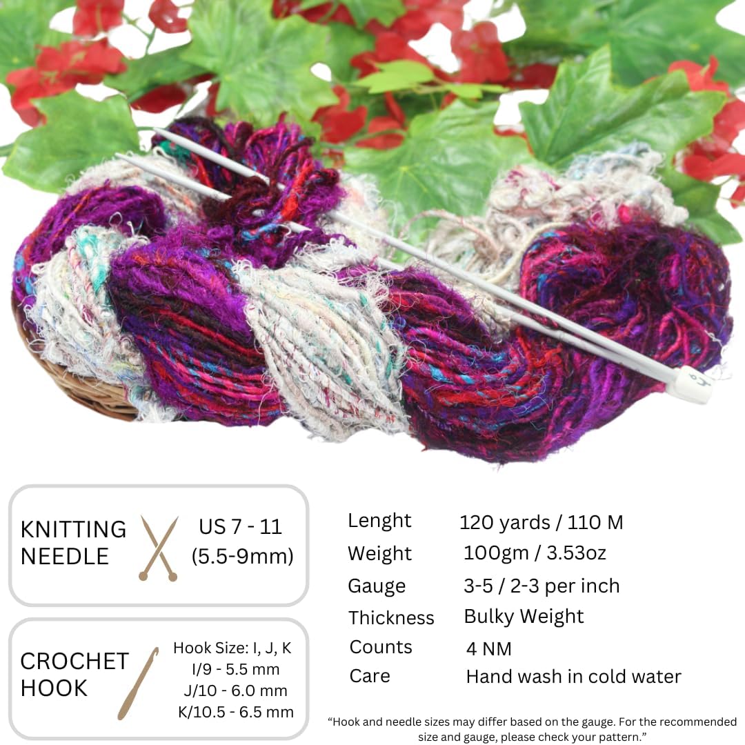 Knitsilk Handspun Recycled Sari Silk Yarn – White & Multicolor Combo | 100g x 2 | 50-70 Yards/Ball | Eco-Friendly Bulky Yarn for Knitting, Crocheting & Weaving