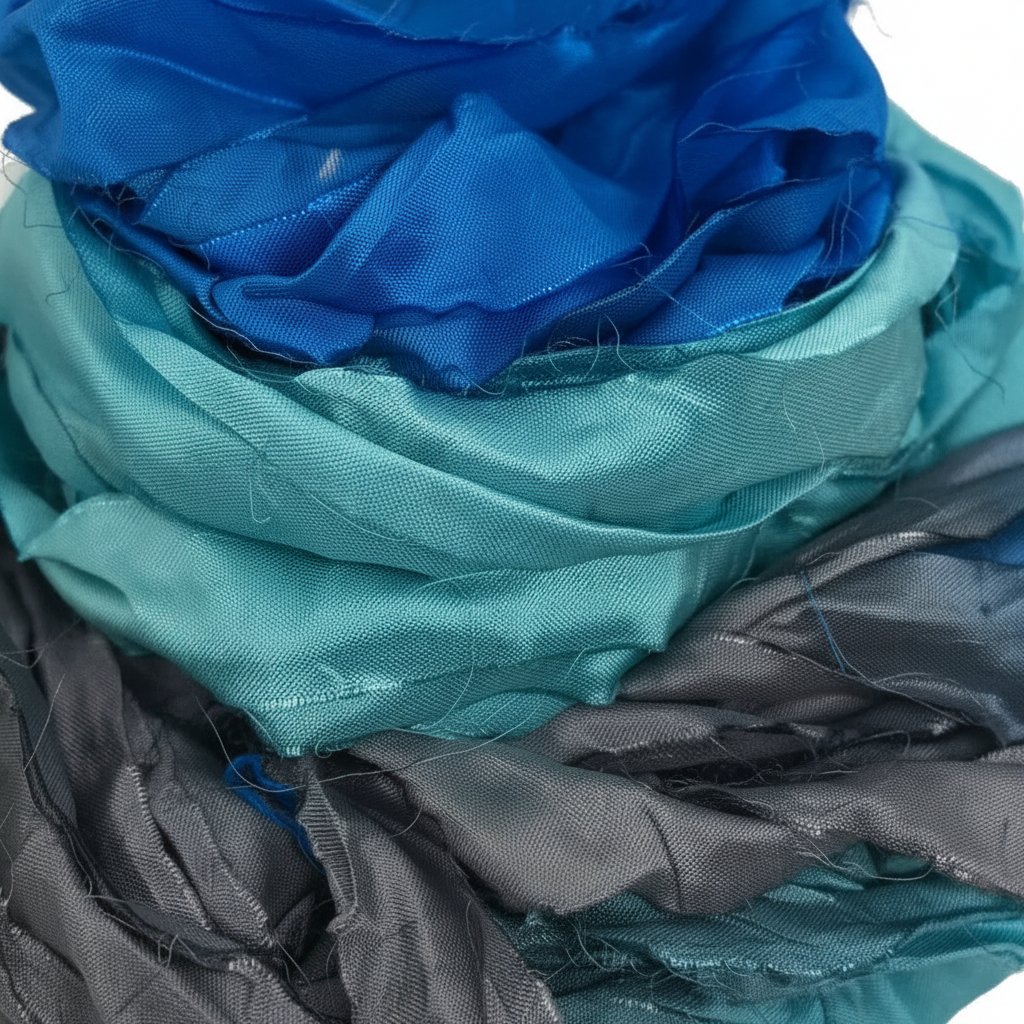 Close-up – Blue Grey Sari Silk Yarn