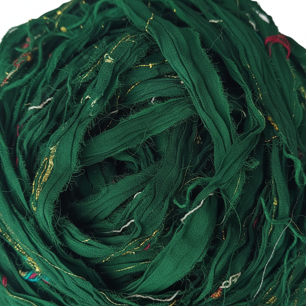 Close-up – Forest Green Sari Silk Ribbon Texture